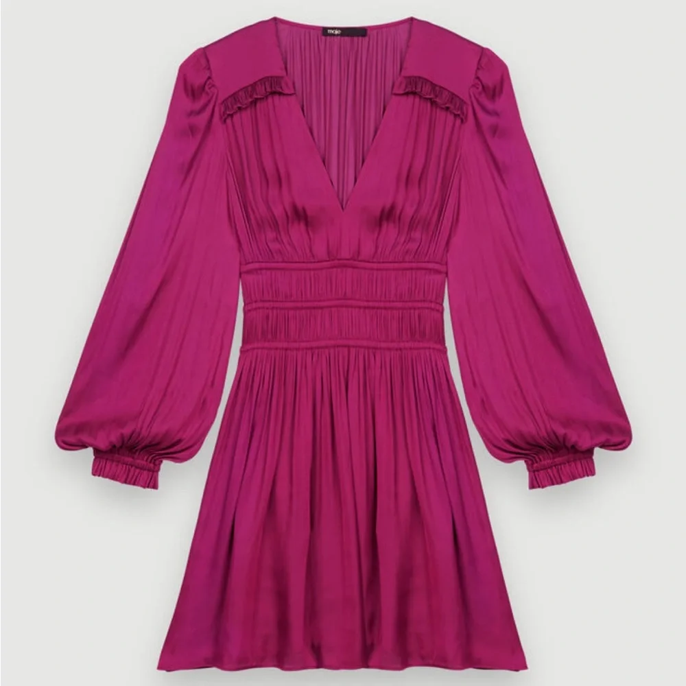 Maje satin dress with ruffles in magenta. - Picture 5 of 7